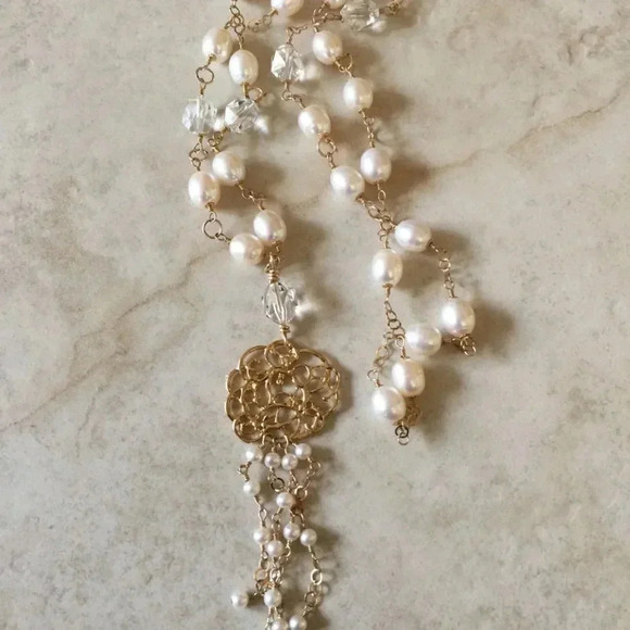 Pearl Necklace, Tassel Necklace, Long Necklace, June Birthstone Necklace - Picture 4 of 4